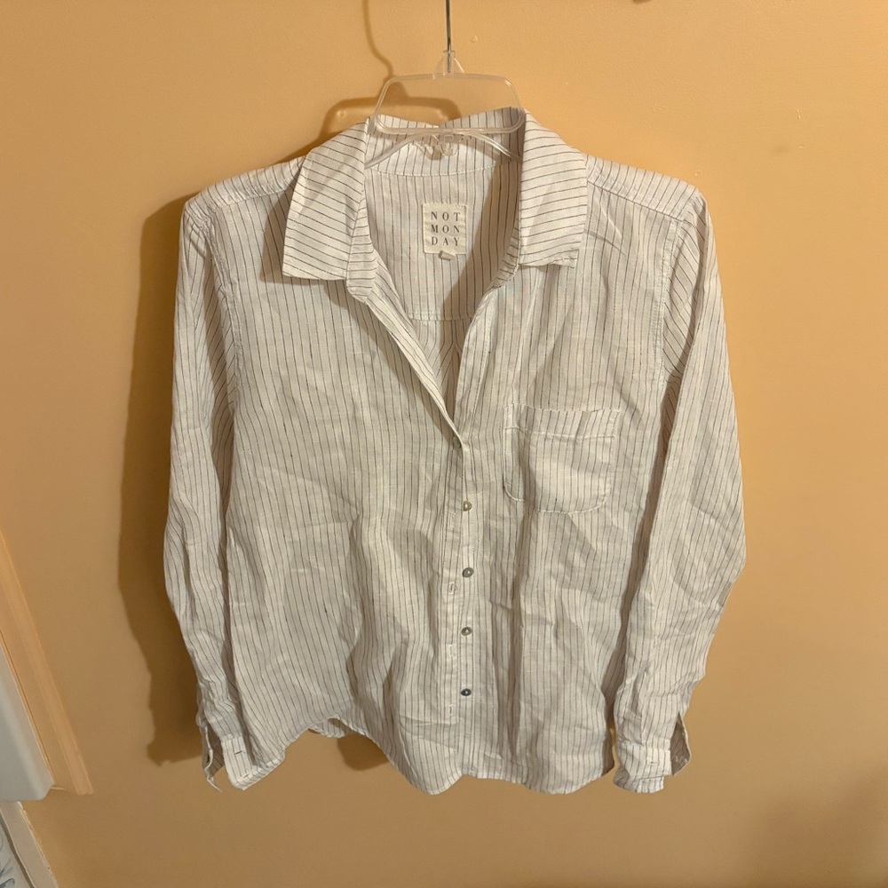 Not Monday Linen Blend White Striped Button Up Shirt